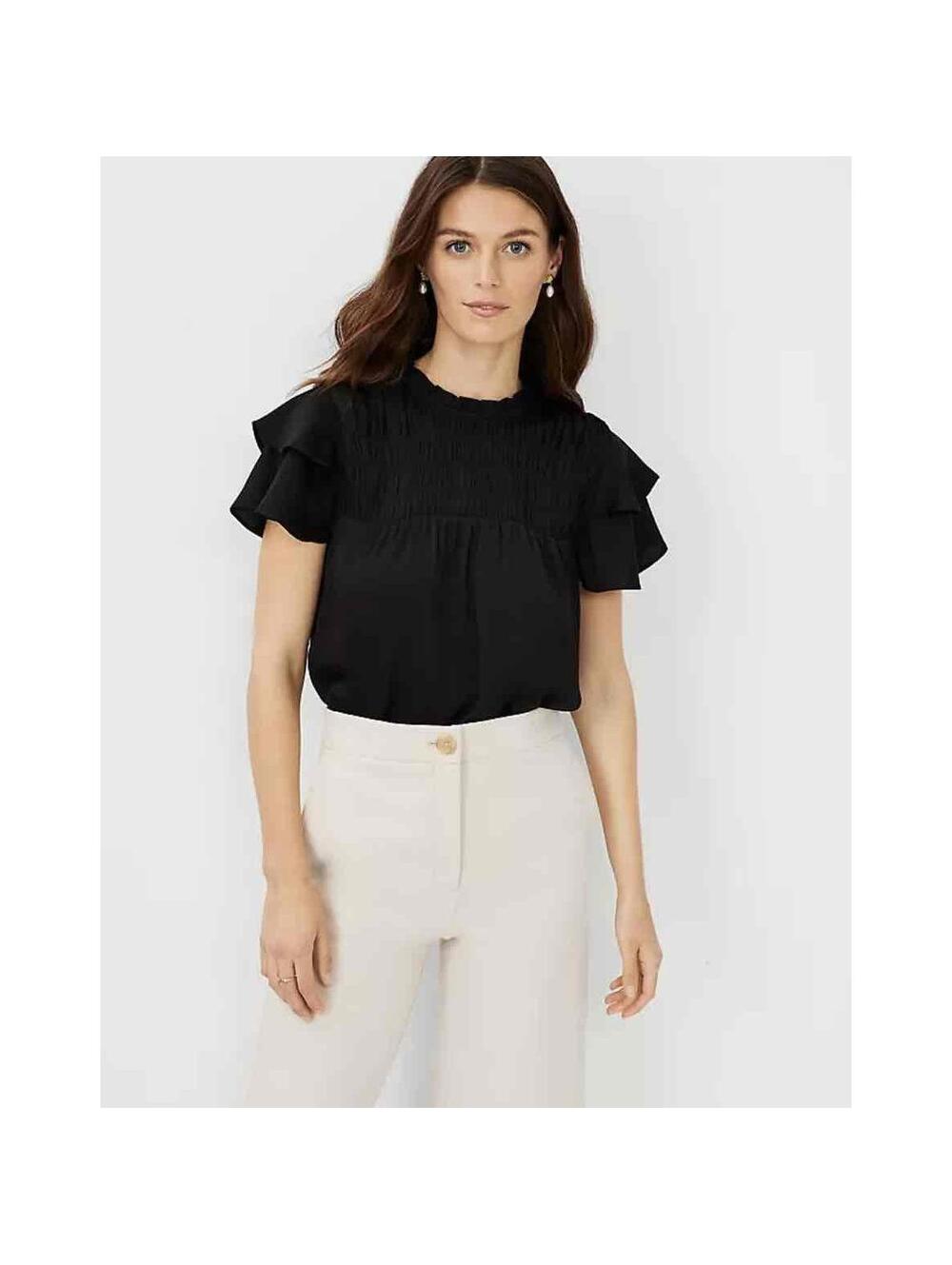 ANN TAYLOR Women’s Smocked Yoke Flutter Sleeve Blouse in Black-Size Medium